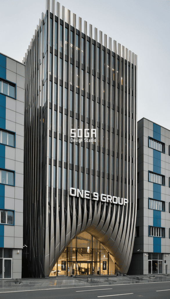 One 9 Group GIFT City: Redefining Corporate Architecture with Parametric Curved Fin Facade 1 Parametric curved metal fins facade of One 9 Group headquarters designed by SOGA Design Studio in GIFT City Gujarat showing vertical curved fins and arched entrance