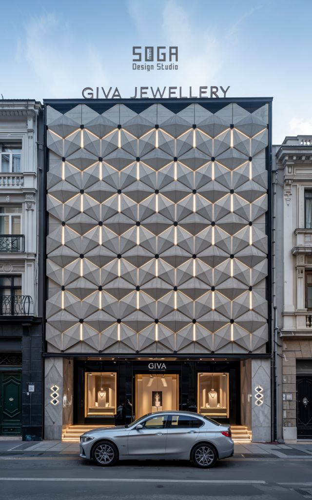 GIVA Jewellery Showroom: Iconic Parametric Facade Inspired by Diamond Forms 5 Diamond-inspired parametric facade for GIVA Jewellery Showroom by Soga Design Studio