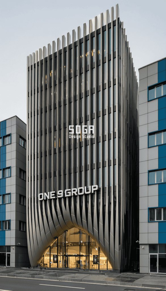 One 9 Group GIFT City: Redefining Corporate Architecture with Parametric Curved Fin Facade 3 Slender vertical Para Curve Fin facade creating contemporary skyline presence for One 9 Group GIFT City corporate headquarters