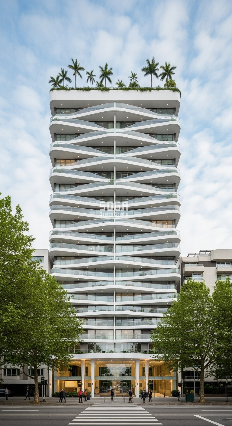 Facade Works Package Scope Split for Builders 2026 6 Pale high-rise residential tower with wavy horizontal balcony bands and planting on the roof terrace