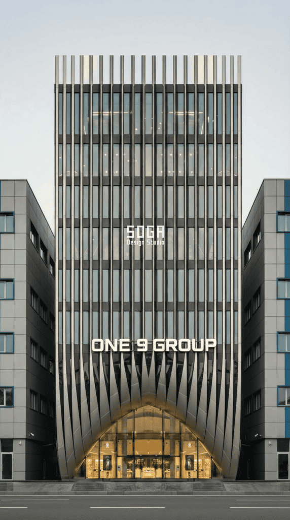 One 9 Group GIFT City: Redefining Corporate Architecture with Parametric Curved Fin Facade 4 Vertical metal fins facade with SOGA Design Studio branding showcasing parametric design expertise at One 9 Group GIFT City
