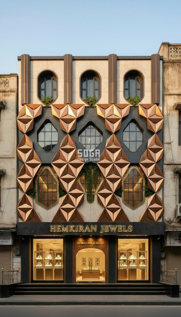 Hemkiran Jewels showroom facade by Soga Design Studio: modular parametric panels in metallic bronze, contemporary geometric luxury.