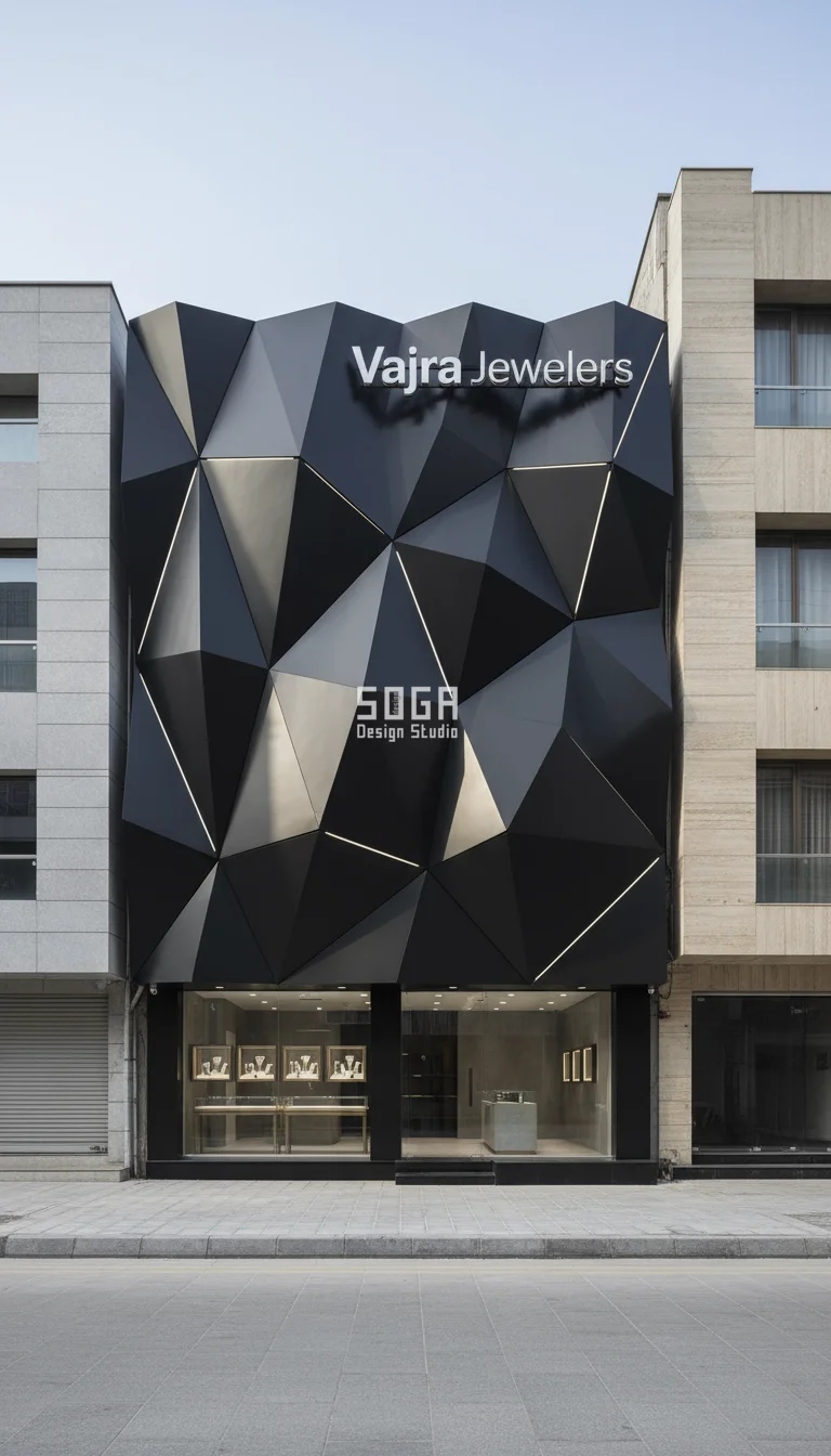 Silver Dot retail facade, Soga Design Studio, sharp geometric parametric panels