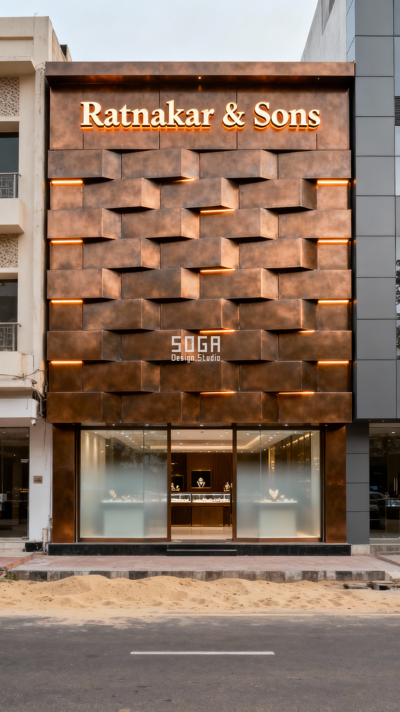 Ratnakar & Sons jewellery showroom facade, Soga Design Studio, parametric modular metal panels with illuminated edges