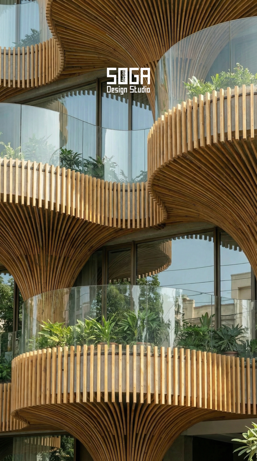 Photo inspiration: Picture Idea: Anand Vriksham Living Facade Architecture With Parametric Wood Design