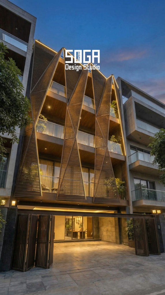 Drishti Taar parametric chevron louver facade day view by SOGA Design Studio India