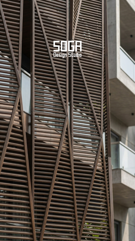 Drishti Taar diagrid wood louver facade detail — Para-Chevron system by SOGA Design Studio