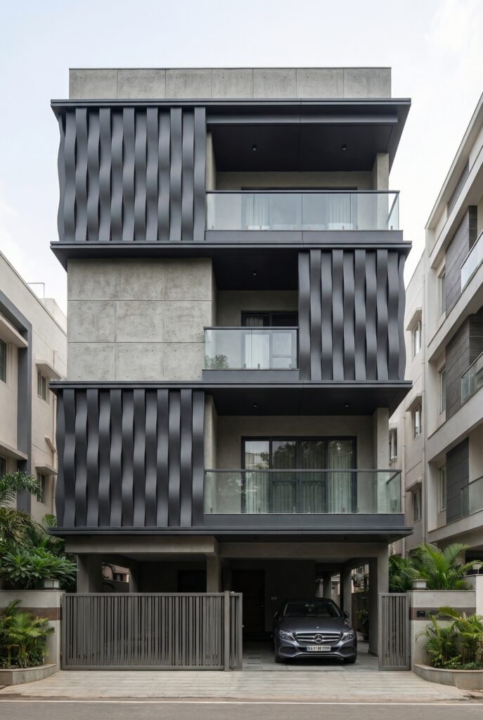 Twisted aluminium fin facade design on residential building in Bengaluru by Soga Design Studio - daytime view with dark vertical fins and exposed concrete