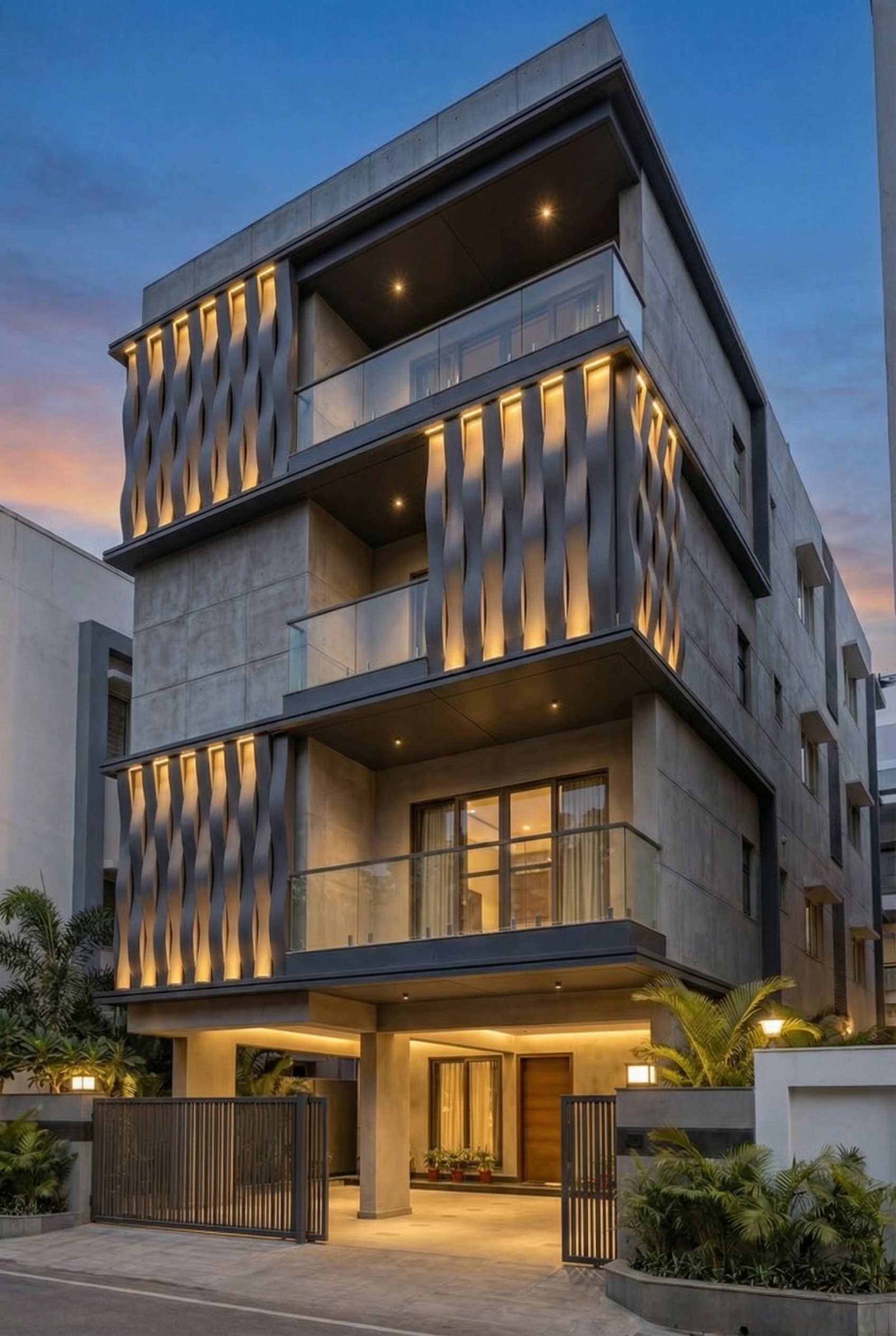 Twisted aluminium fin facade with concealed LED lighting at night - parametric residential building Bengaluru by Soga Design Studio