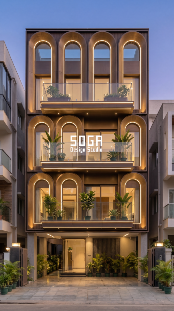 Parametric mixed-use boutique facade India - stacked golden arch frames across four floors with planted balconies by SOGA Design Studio 2026