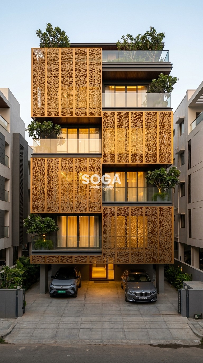 large-scale perforated screen  parametric facade Chennai — SOGA Design Studio
