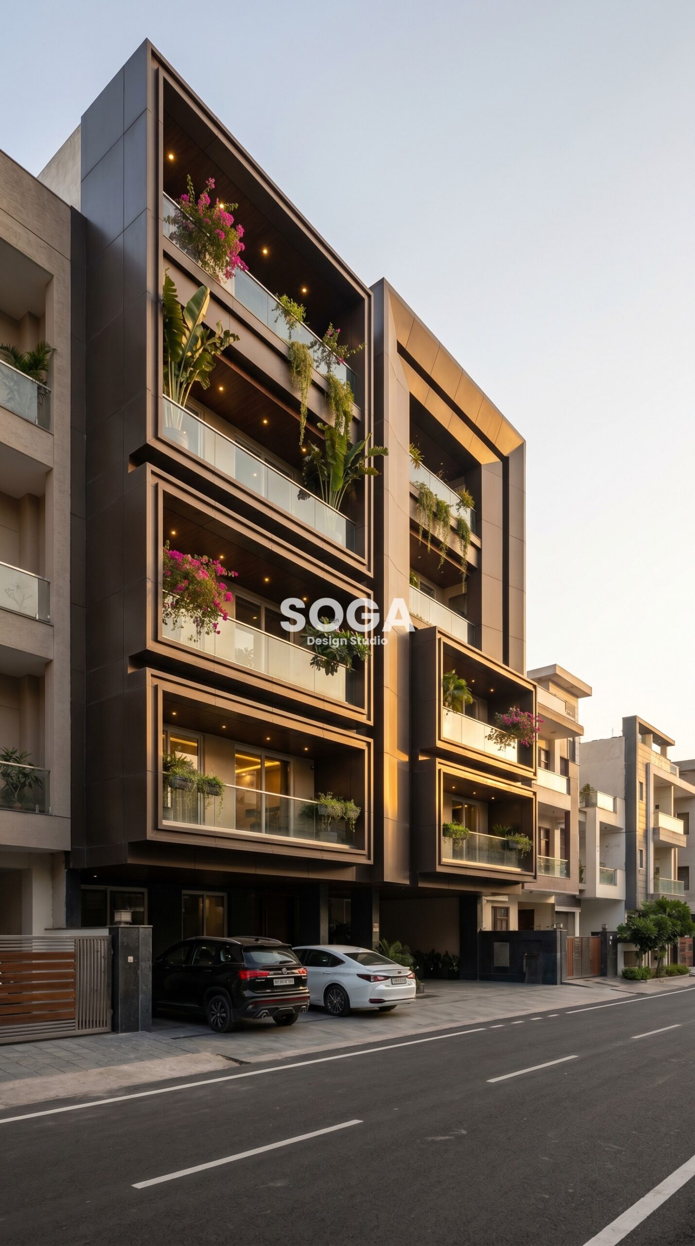 deep-set recessed balconies framed  facade Ludhiana SOGA Design Studio