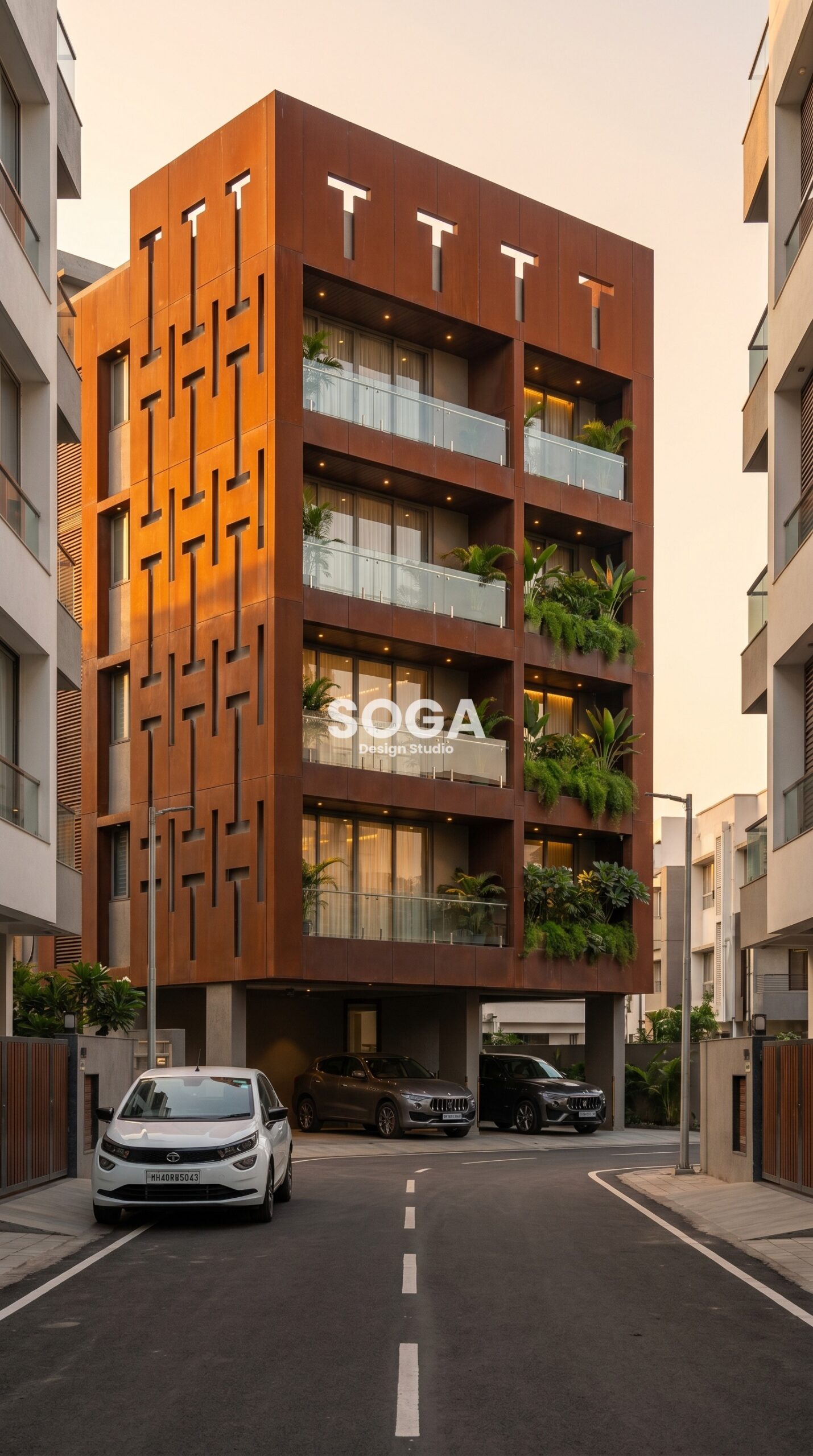 bold geometric cutout t-bar pattern facade Nagpur SOGA Design Studio