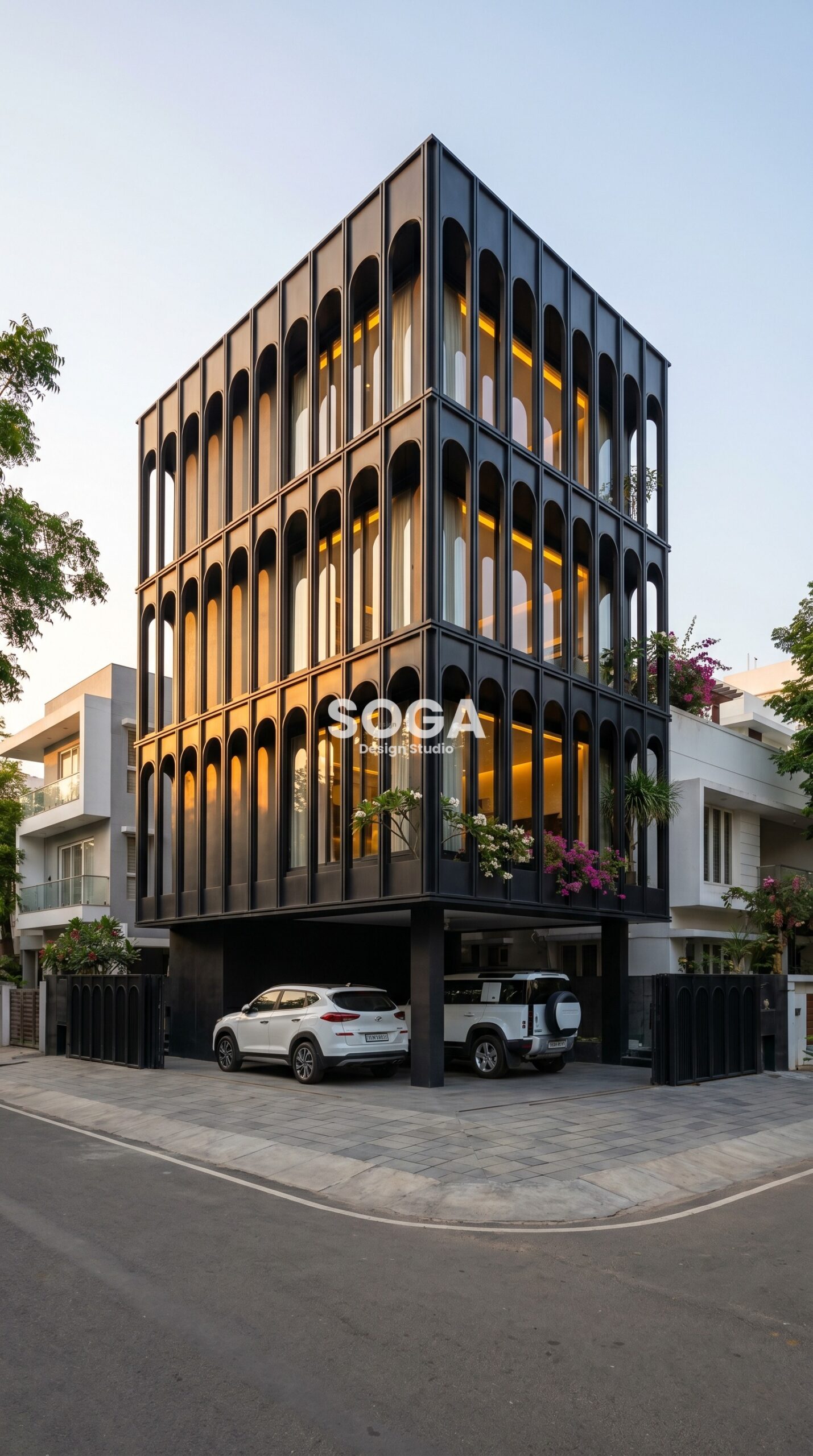 full height arched metal colonnade  facade Chennai SOGA Design Studio