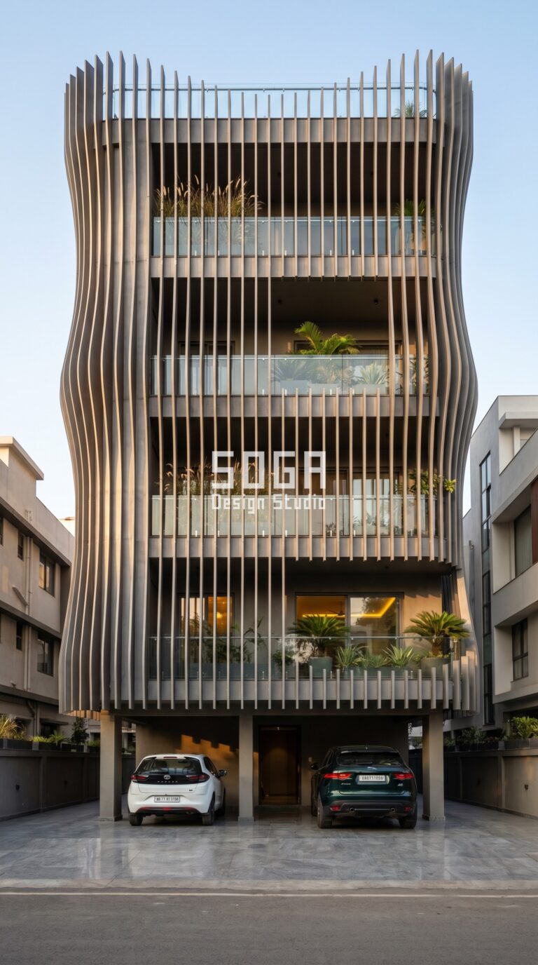 undulating vertical metal ribs that bow in and out rhythmically in matte industrial raw steel with wax coating, Nagpur - parametric metal facade by SOGA Design Studio