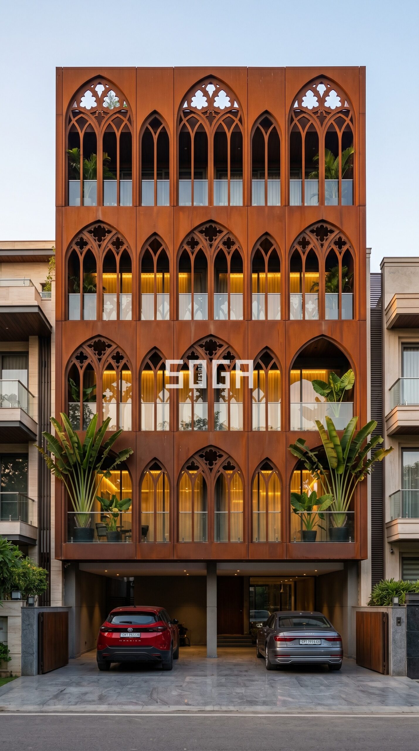 dramatic diagonal zigzag canti parametric facade Ahmedabad — SOGA Design Studio