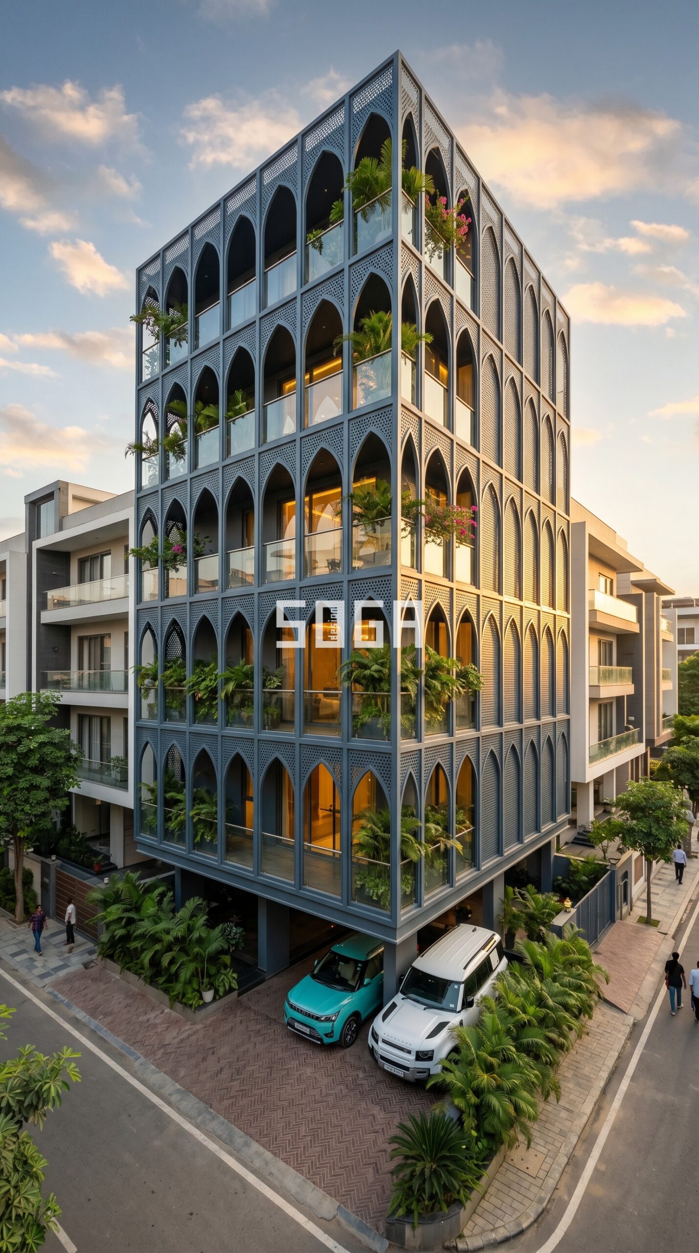 dramatic diagonal zigzag canti parametric facade Ahmedabad — SOGA Design Studio