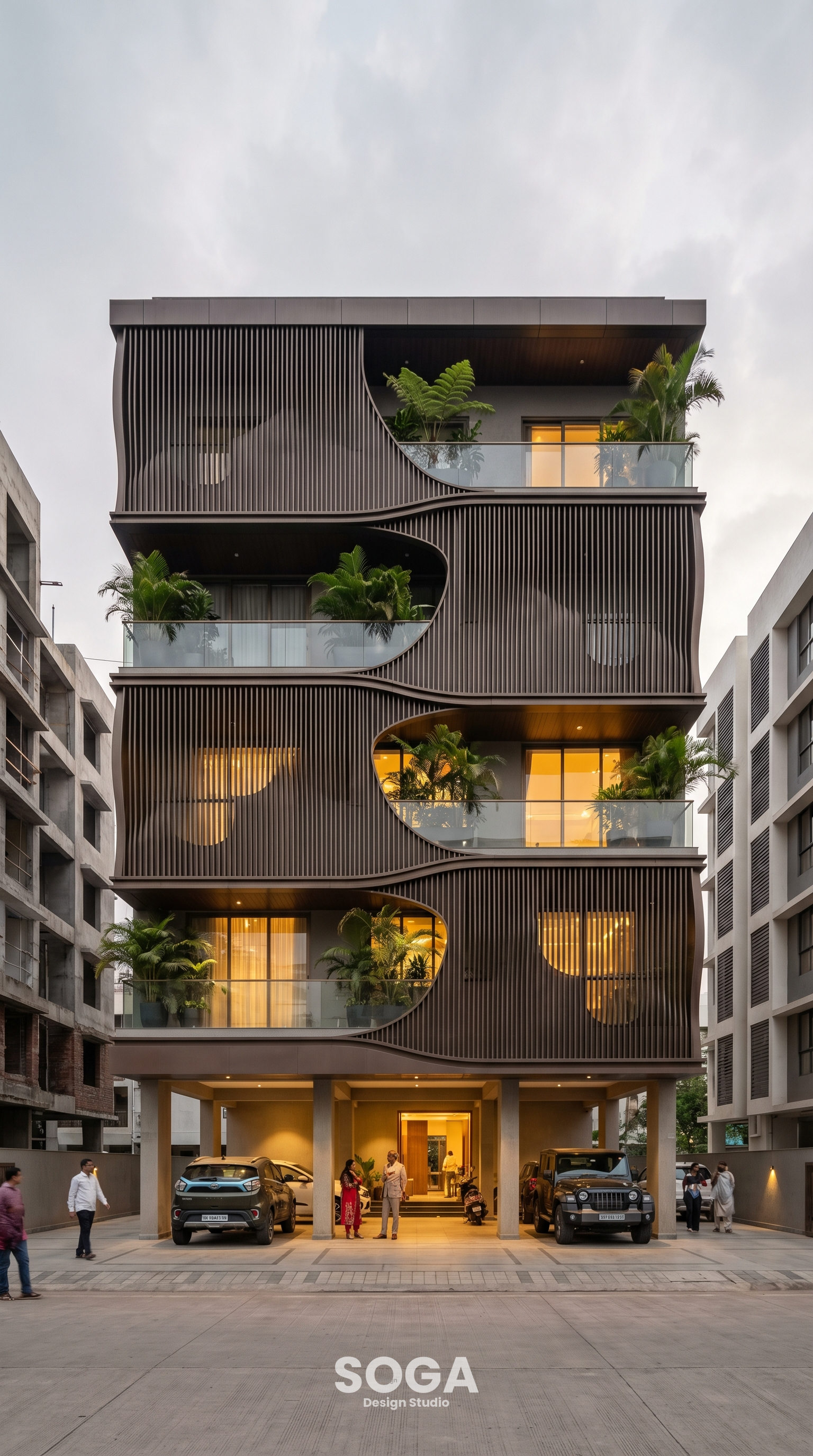 Parametric architecture Pune 2026 – Style B retail facade with brass arch frames at dusk