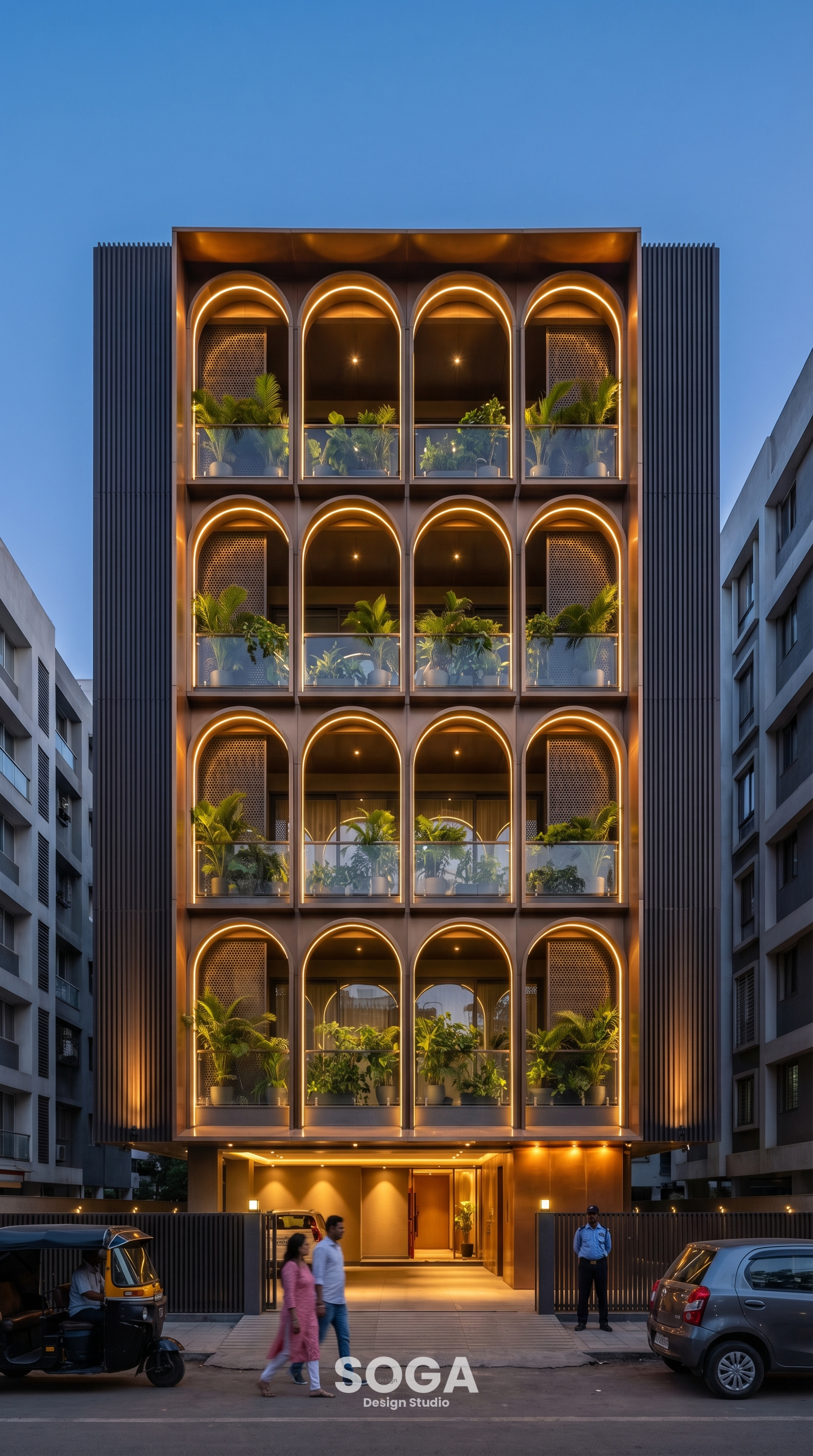 Parametric architecture Pune 2026 – Style A corporate facade with dark bronze metal fins