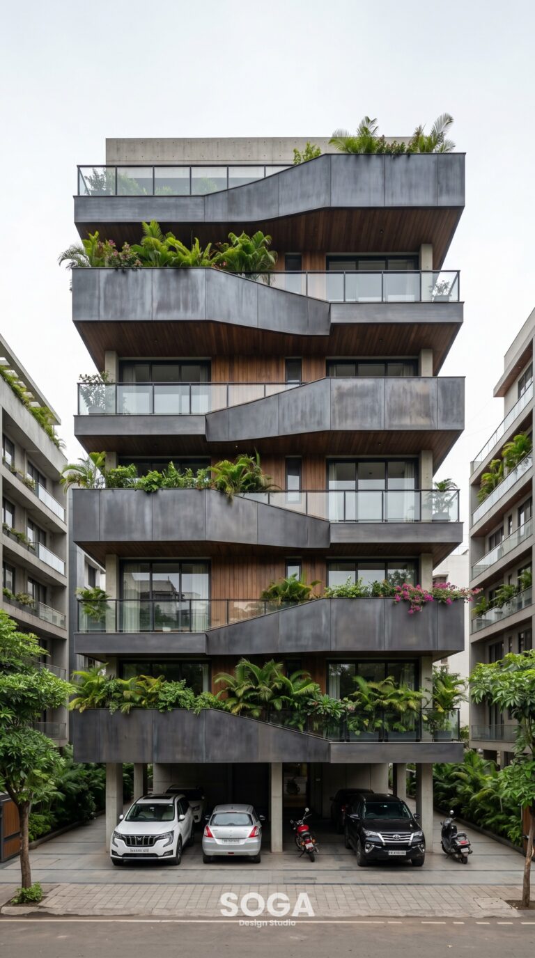 Parametric residential building Pune with wave-rhythm offset balcony slabs and plant boxes