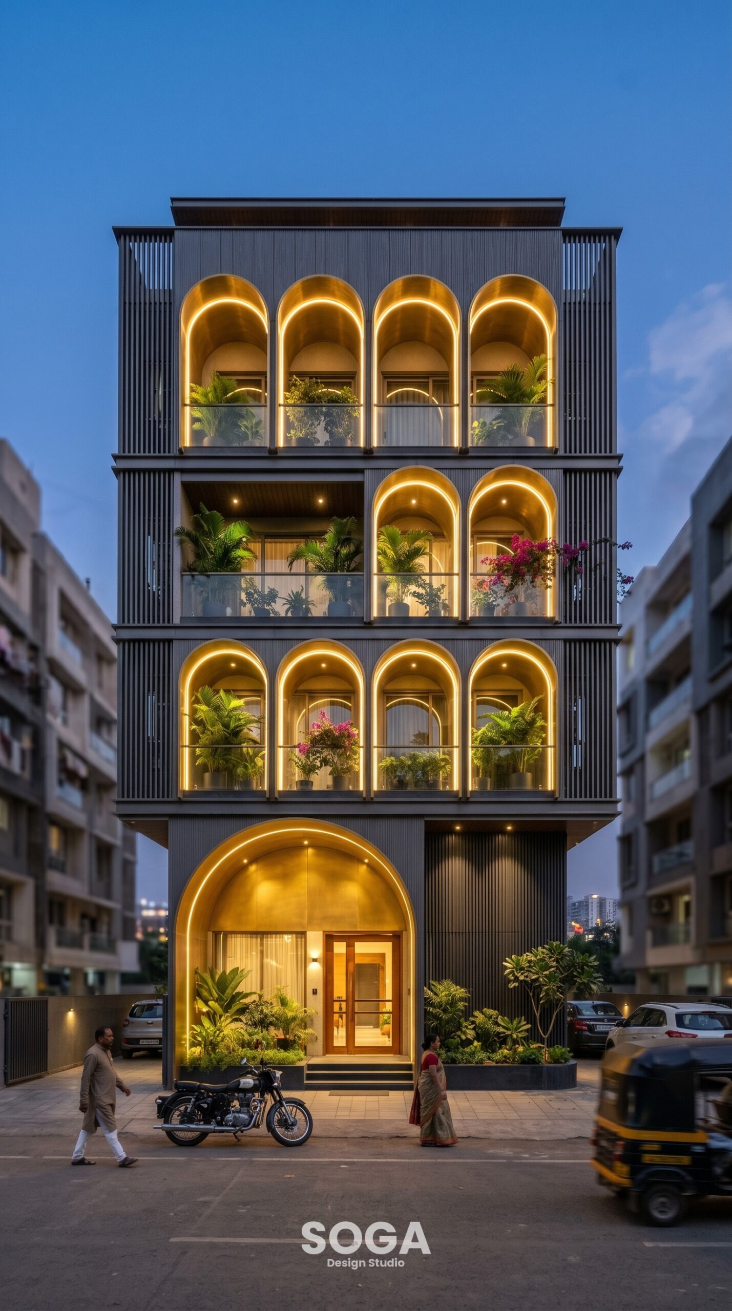 Luxury 4-storey residence Pune with brass arch frames and warm LED dusk lighting