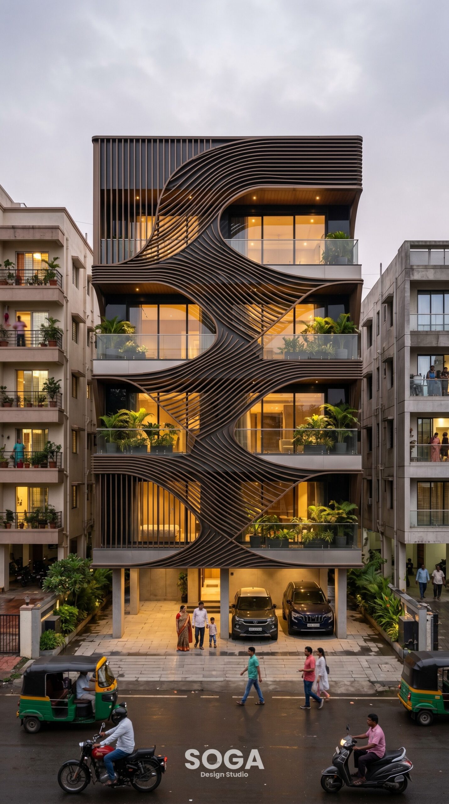 Contemporary parametric building Pune with curved dark metal fins at blue hour