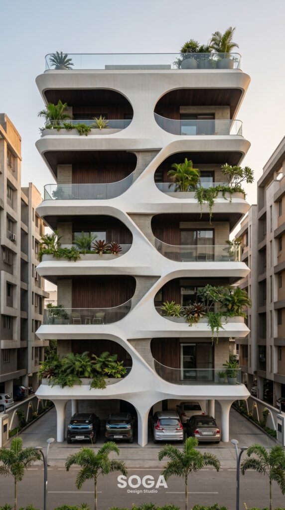 Parametric luxury residential facade India - organic wave-form balcony slabs with LED lighting and tropical plants by SOGA Design Studio 2026