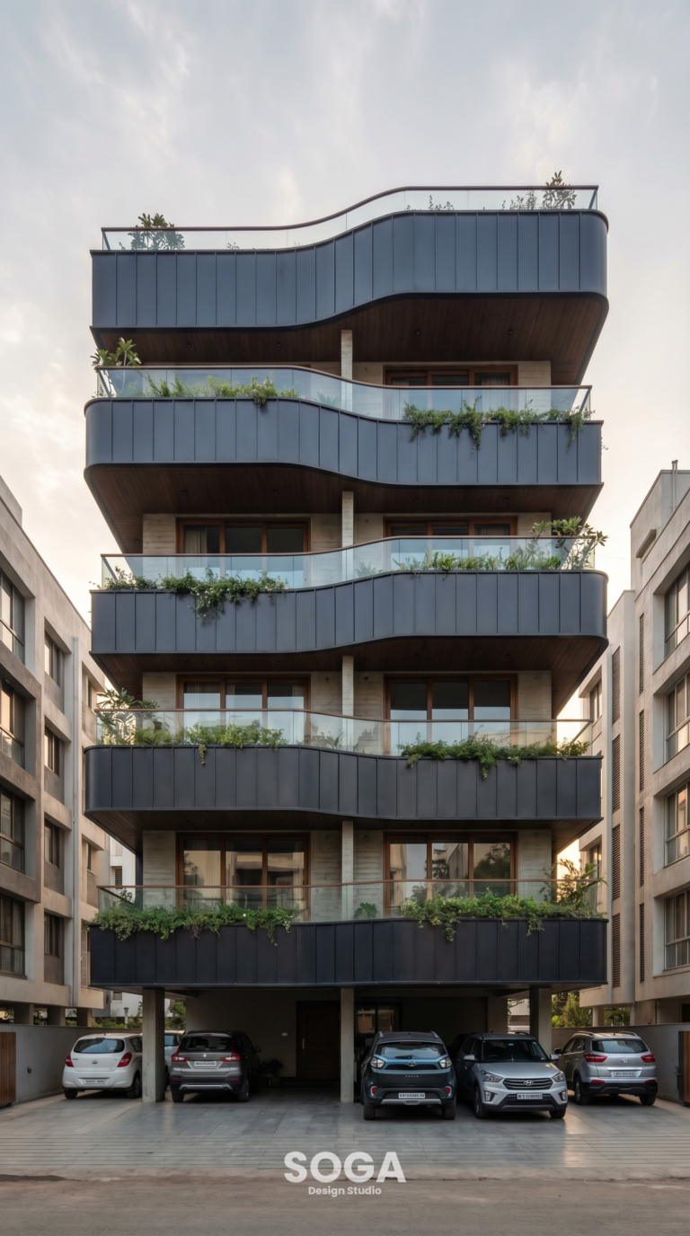 Parametric architecture Pune 2026 – Style D mixed-use building with gradient metal shingles at blue hour