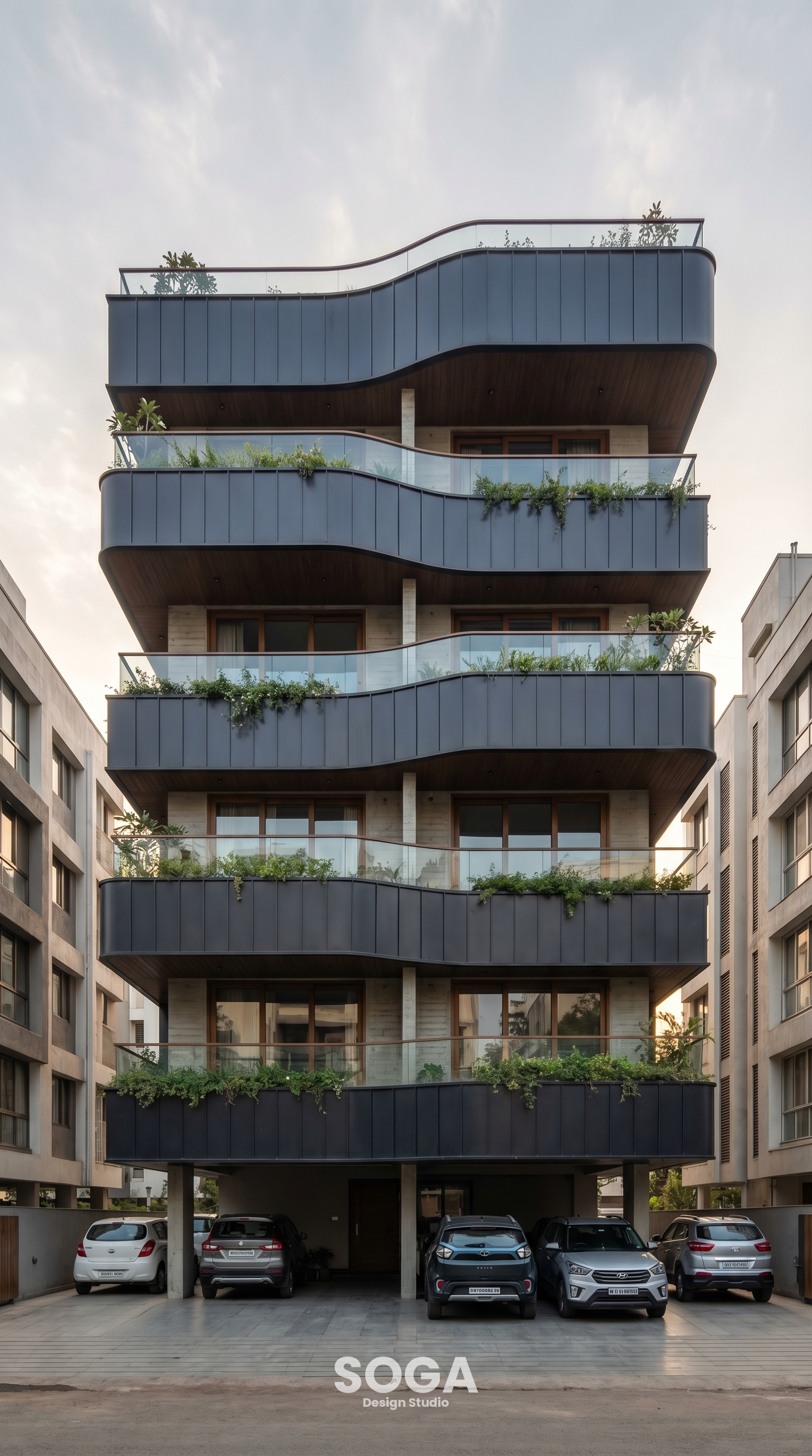 Parametric architecture Pune 2026 – Style D mixed-use building with gradient metal shingles at blue hour