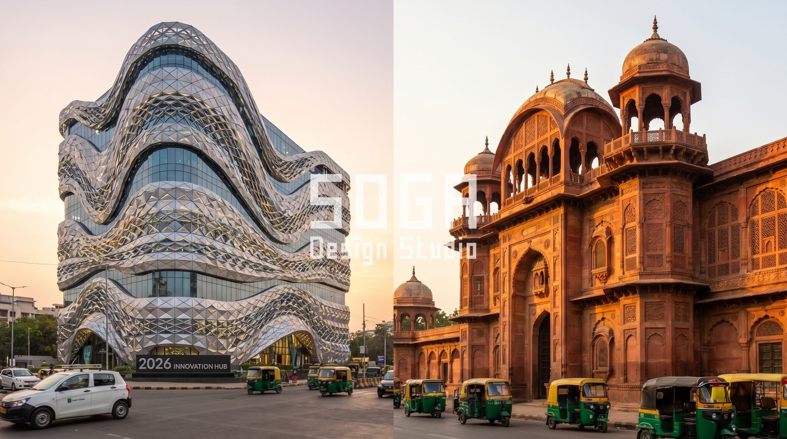 Contemporary parametric facade India geometric aluminum panels SOGA Design Studio