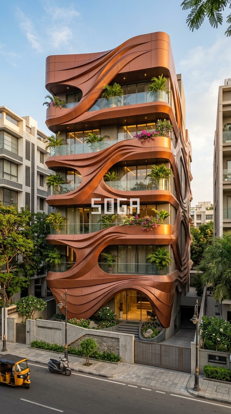 terracotta bronze organic wave metal cladding G+4 residential Chennai India — SOGA Design Studio
