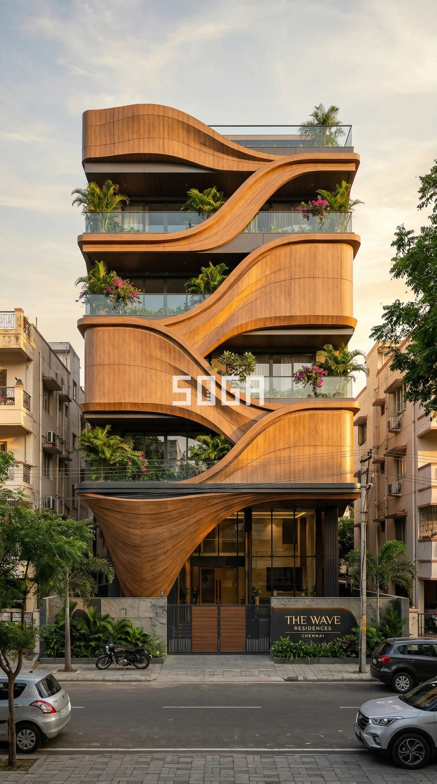 Organic parametric wave cladding warm wood-look finish G+4 luxury residential building Chennai golden hour