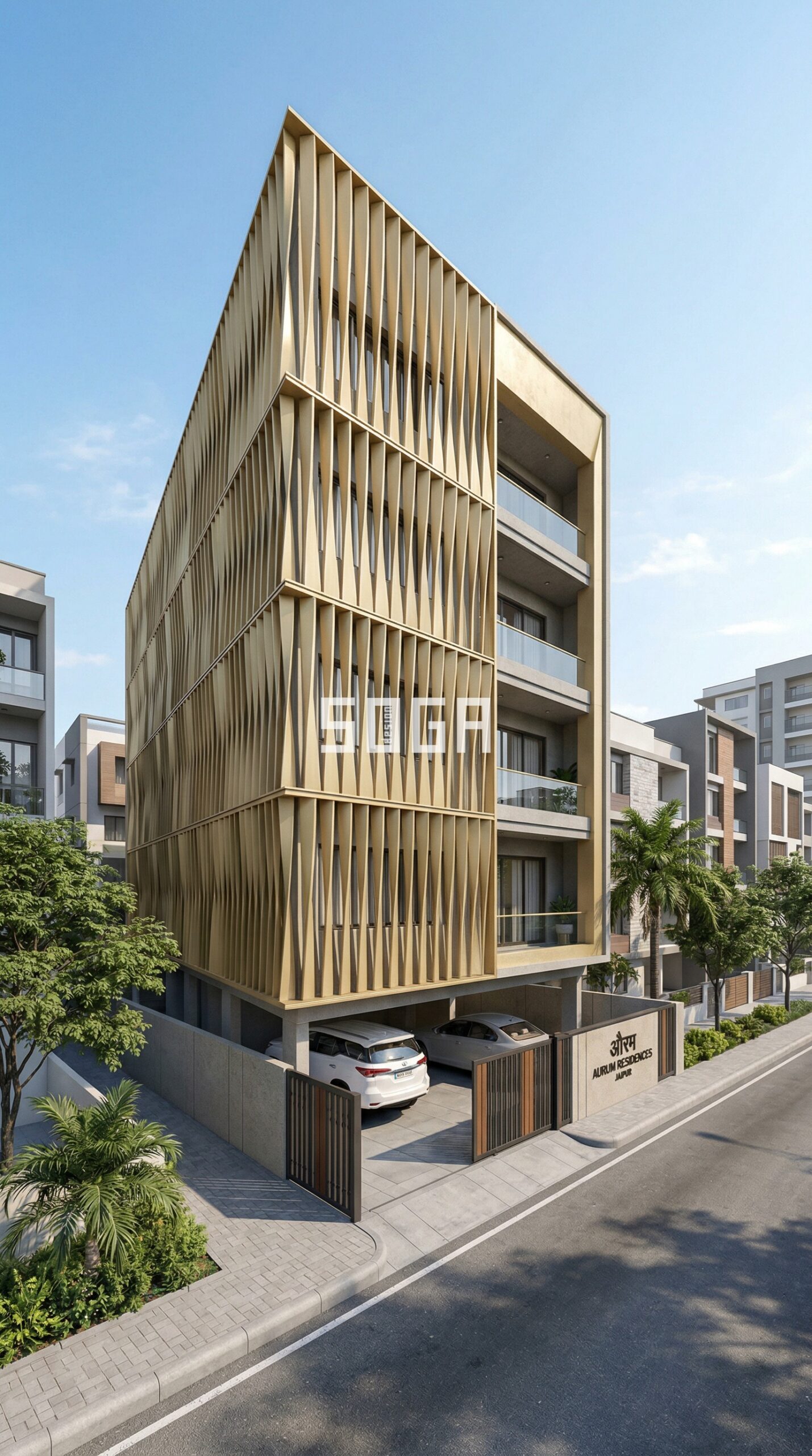 champagne gold twisted aluminium fin facade G+3 residential Jaipur India — SOGA Design Studio