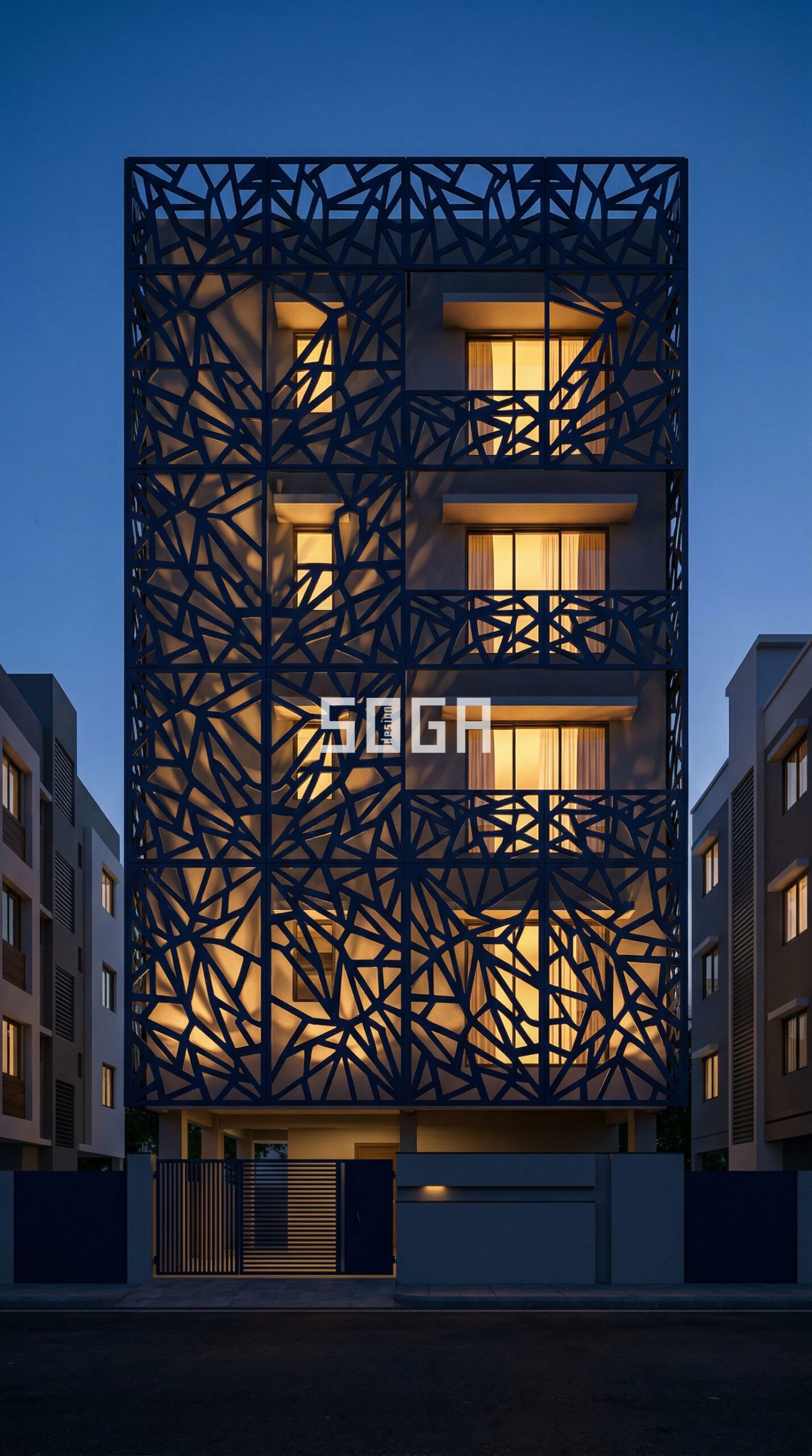 midnight blue powder coat parametric aluminium facade G+3 residential Pune India — SOGA Design Studio