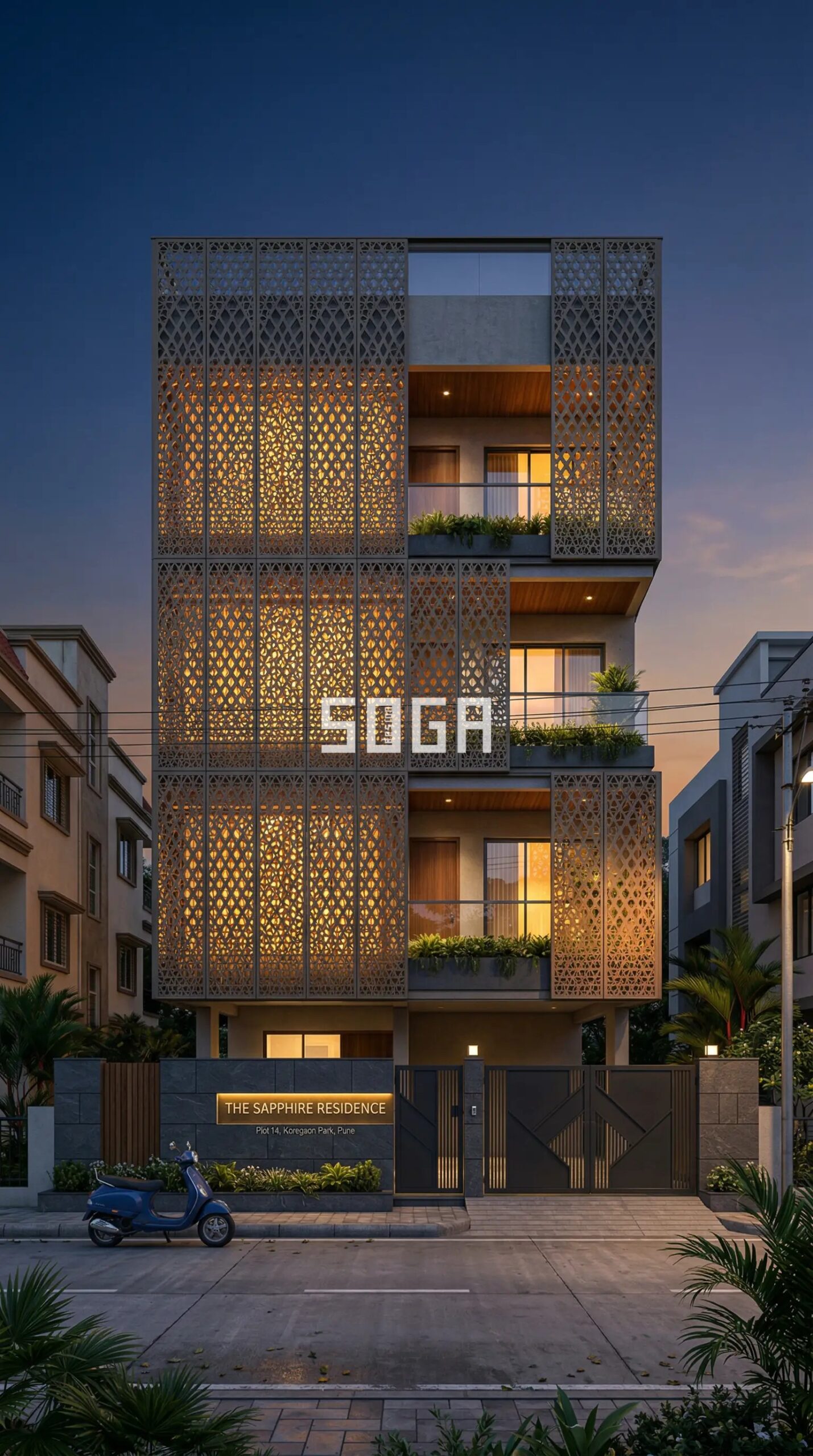 Perforated metal screen jali panel parametric facade dark gunmetal G+3 Indian residential building Pune dusk glowing amber