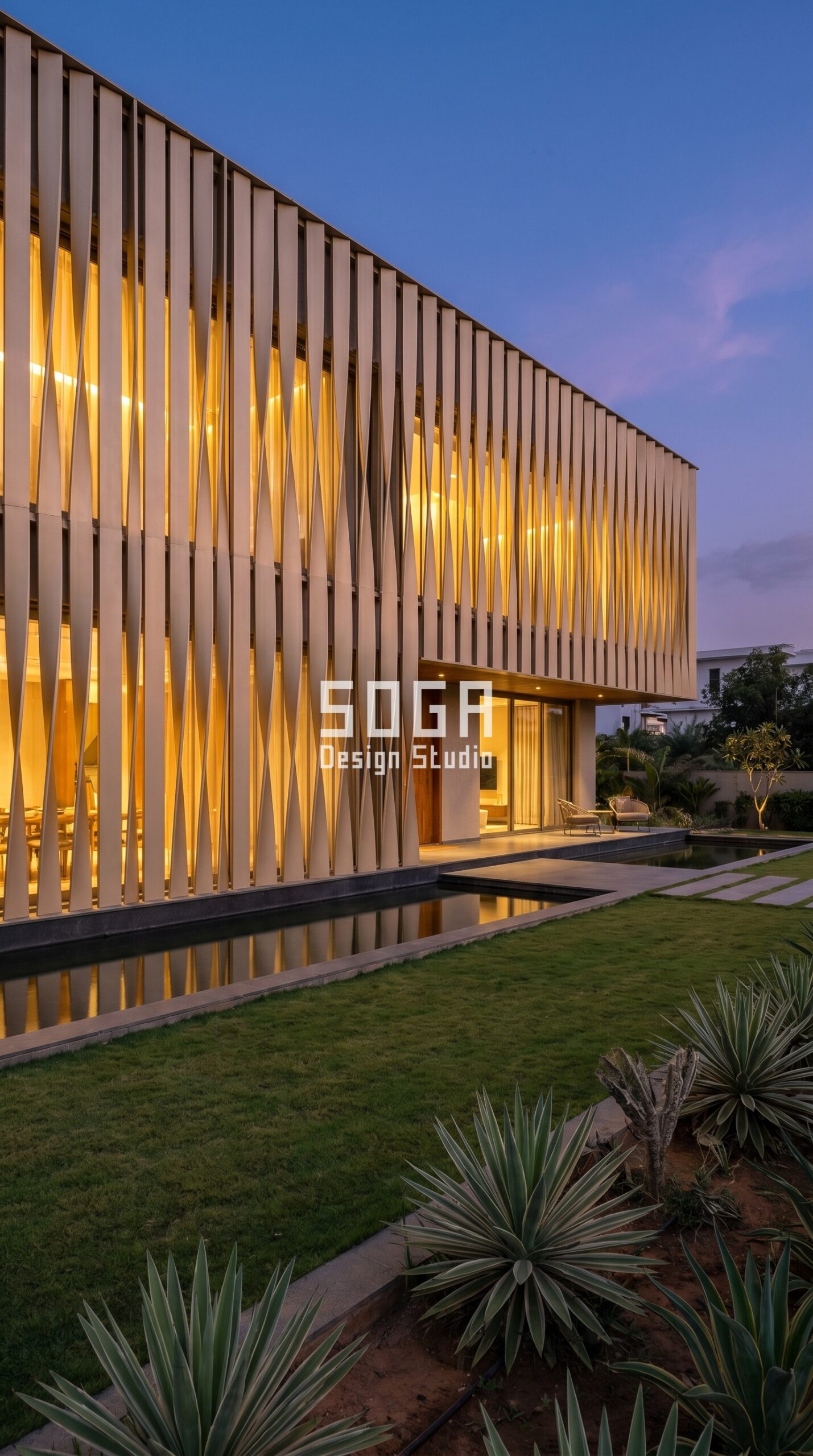 Contemporary villa facade design Hyderabad India SogaWeave twisted aluminium fins