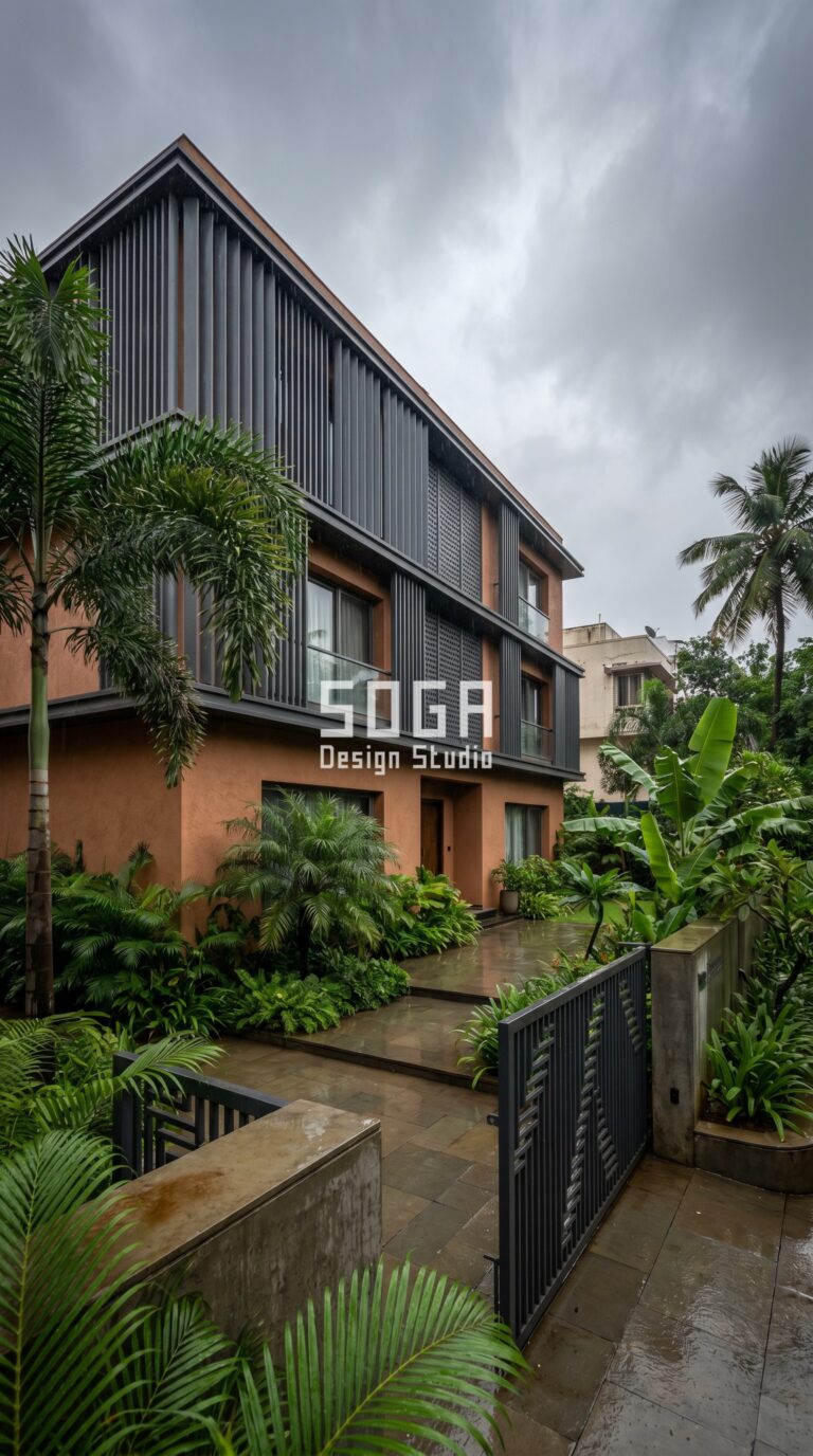 Villa facade design Mumbai India brise-soleil aluminium fins SOGA Design Studio