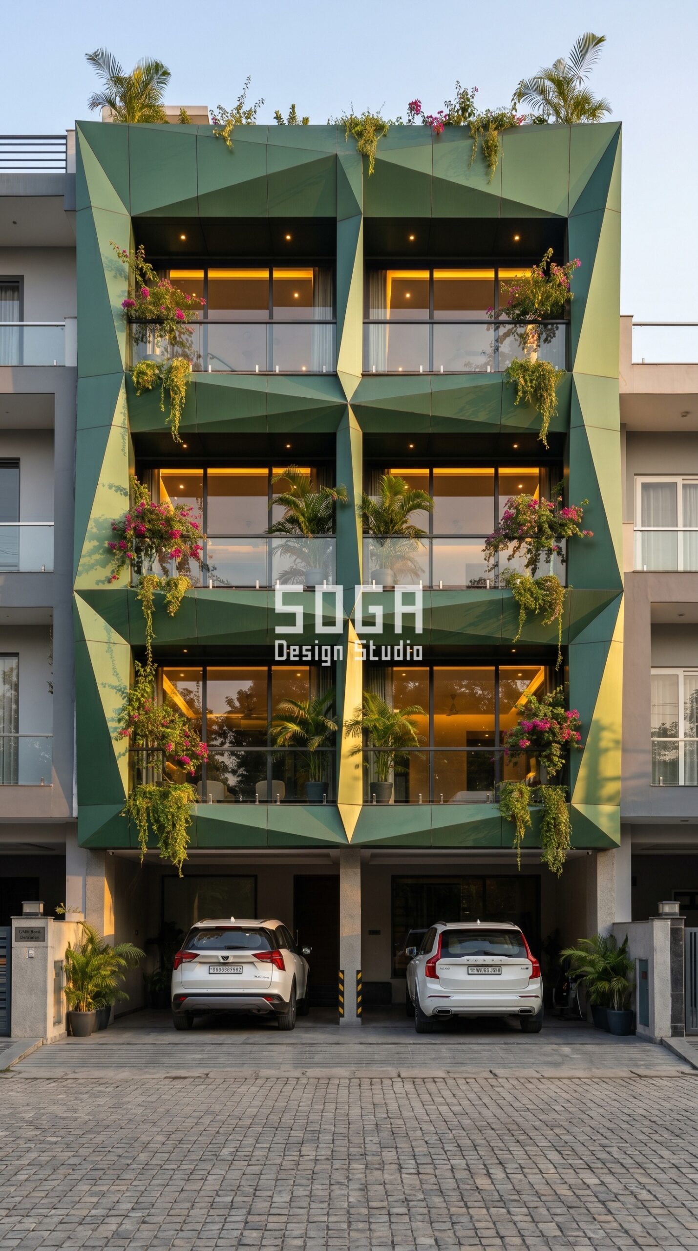 Dehradun vs Mumbai: Faceted Prismatic Folded Metal Volu Facade Design Comparison 2026 3 layered offset horizontal meta parametric facade Surat — SOGA Design Studio