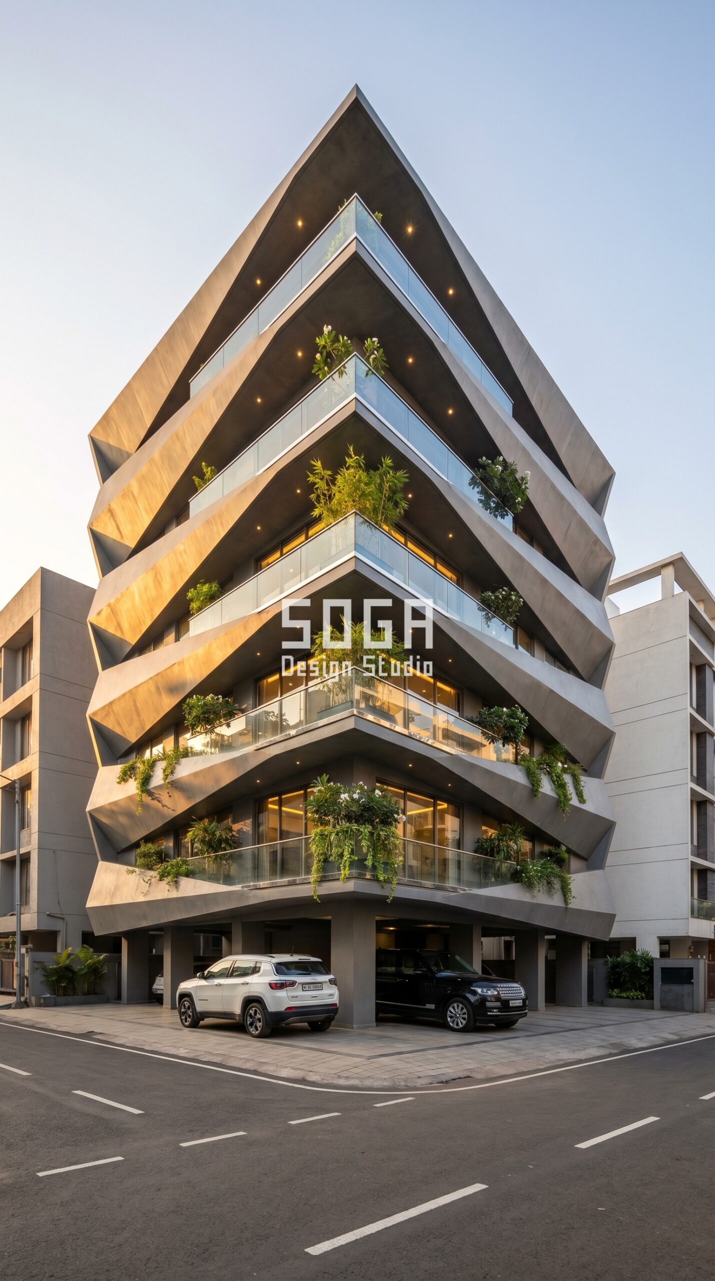 Dehradun vs Mumbai: Faceted Prismatic Folded Metal Volu Facade Design Comparison 2026 4 layered offset horizontal meta parametric facade Surat — SOGA Design Studio