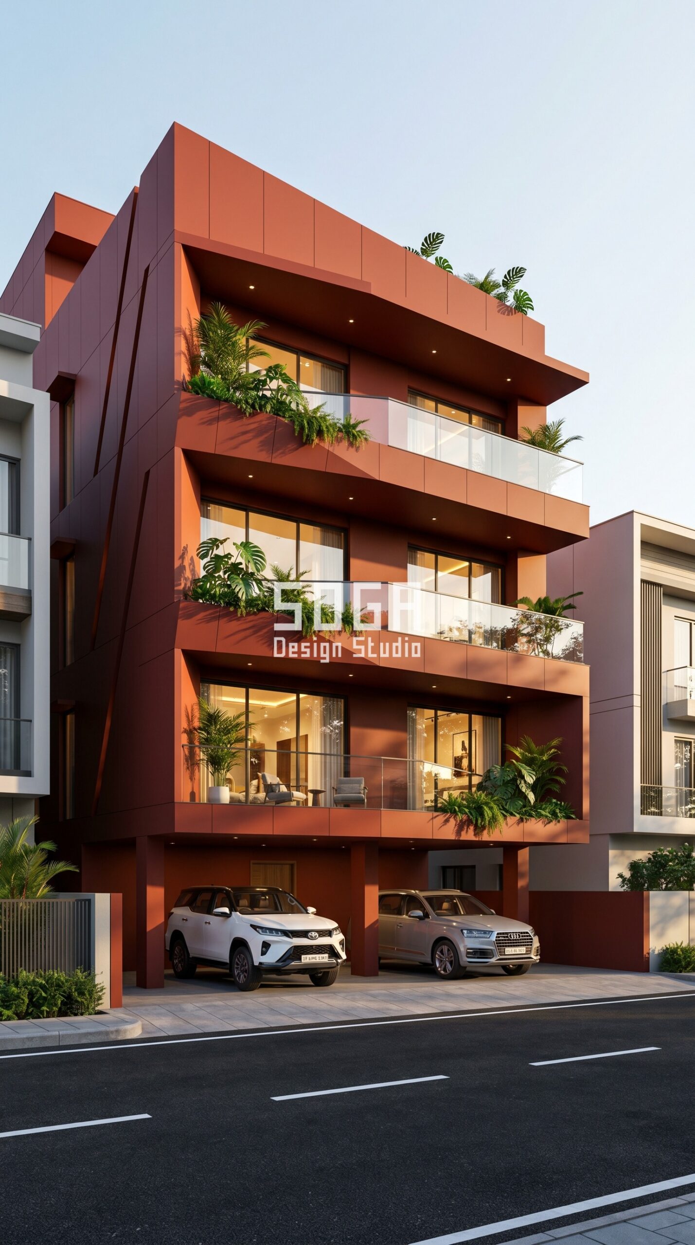 Dehradun vs Mumbai: Faceted Prismatic Folded Metal Volu Facade Design Comparison 2026 6 layered offset horizontal meta parametric facade Surat — SOGA Design Studio