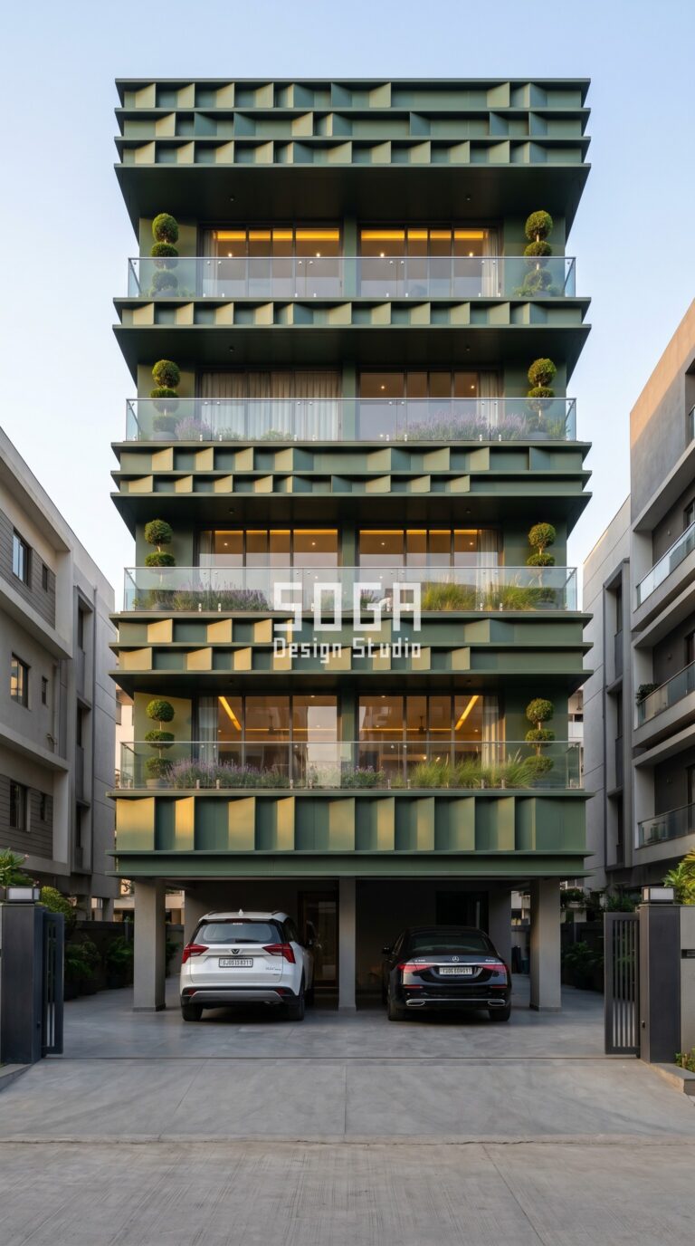 layered offset horizontal metal blades creating deep shadow relief executed in matte forest green anodized aluminum, residential facade in Surat, India