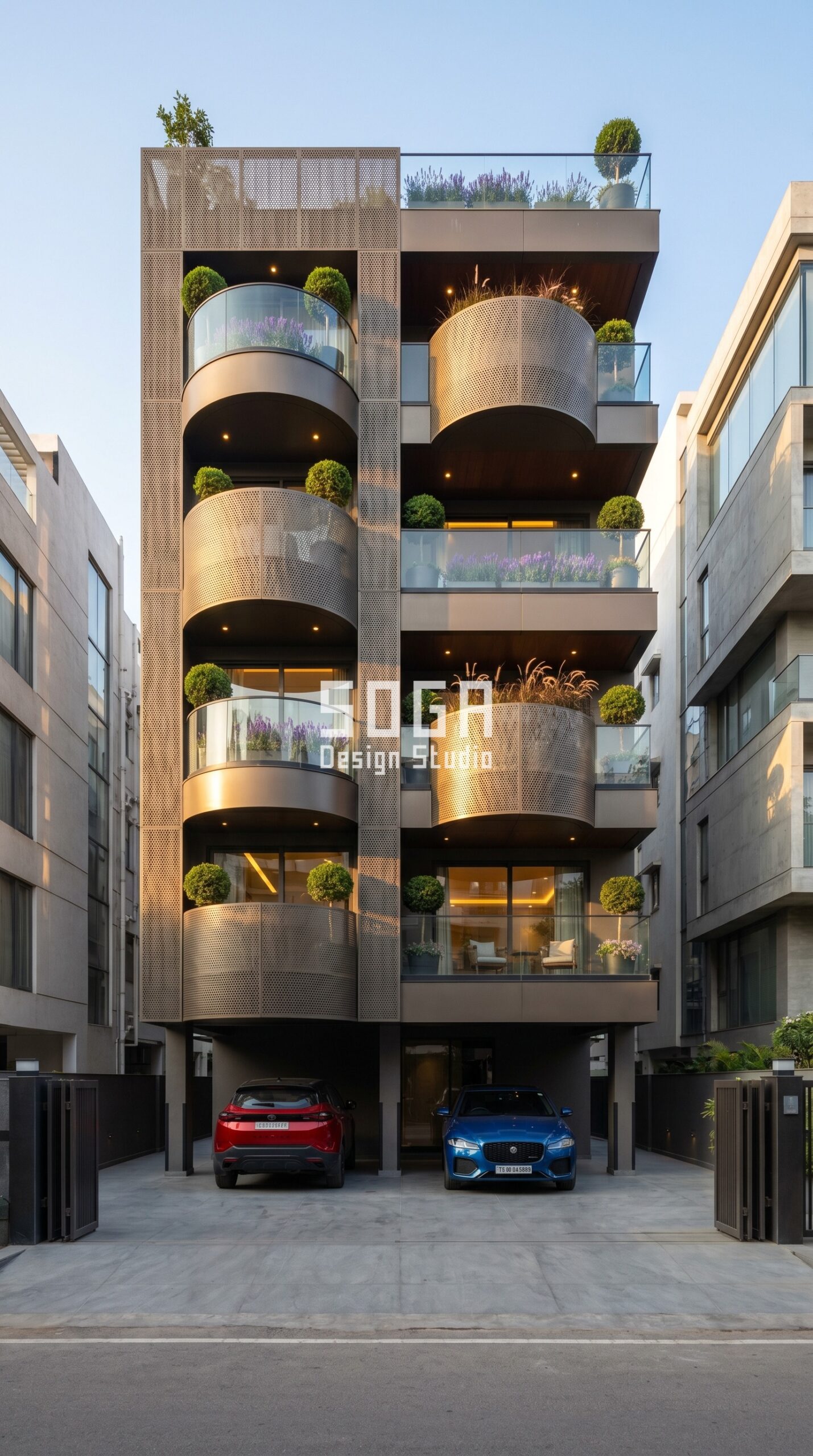 circular pod-like metal balcon parametric facade Hyderabad - SOGA Design Studio