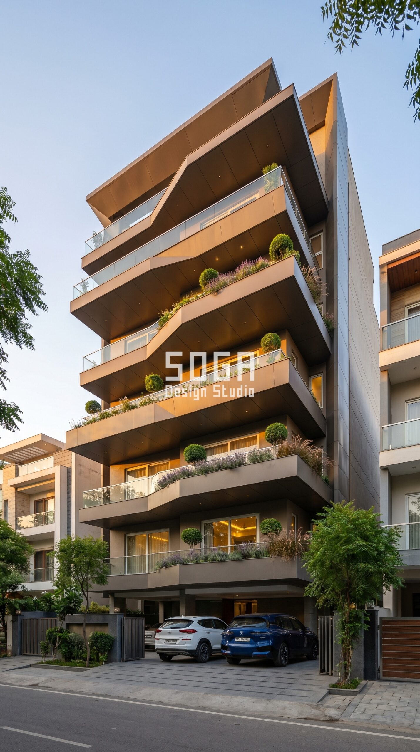 circular pod-like metal balcon parametric facade Hyderabad - SOGA Design Studio