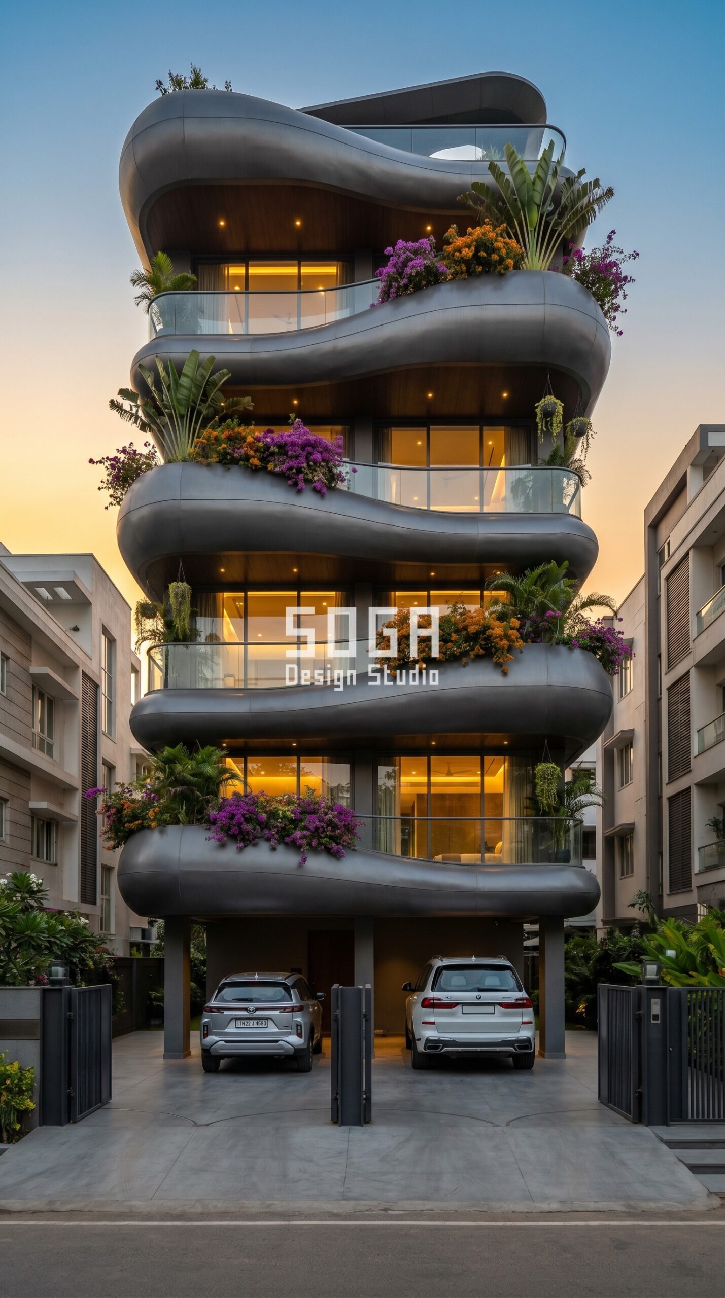 circular pod-like metal balcon parametric facade Hyderabad - SOGA Design Studio