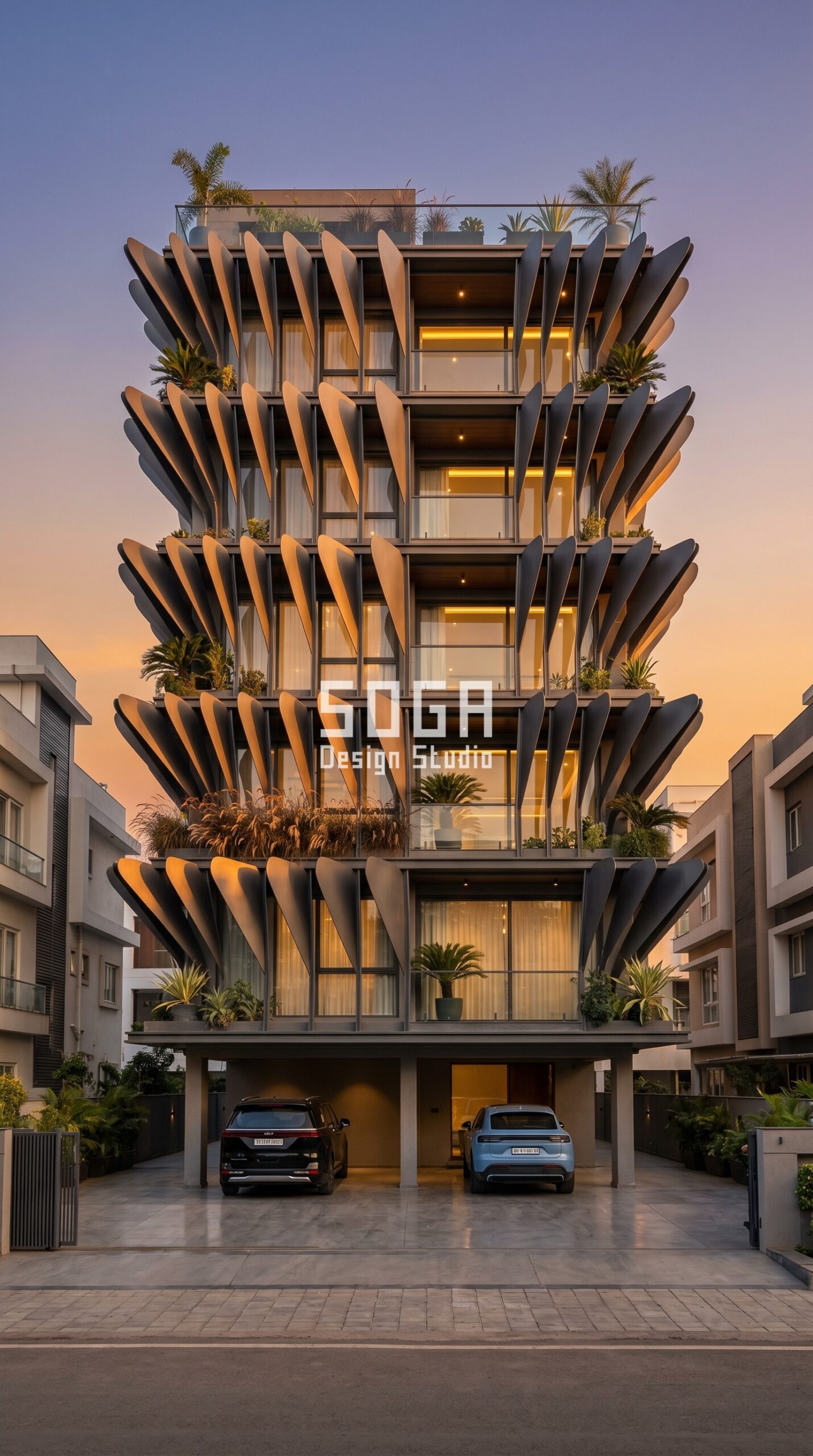 Sculptural petal-shaped metal fin facade in Indore by SOGA Design Studio