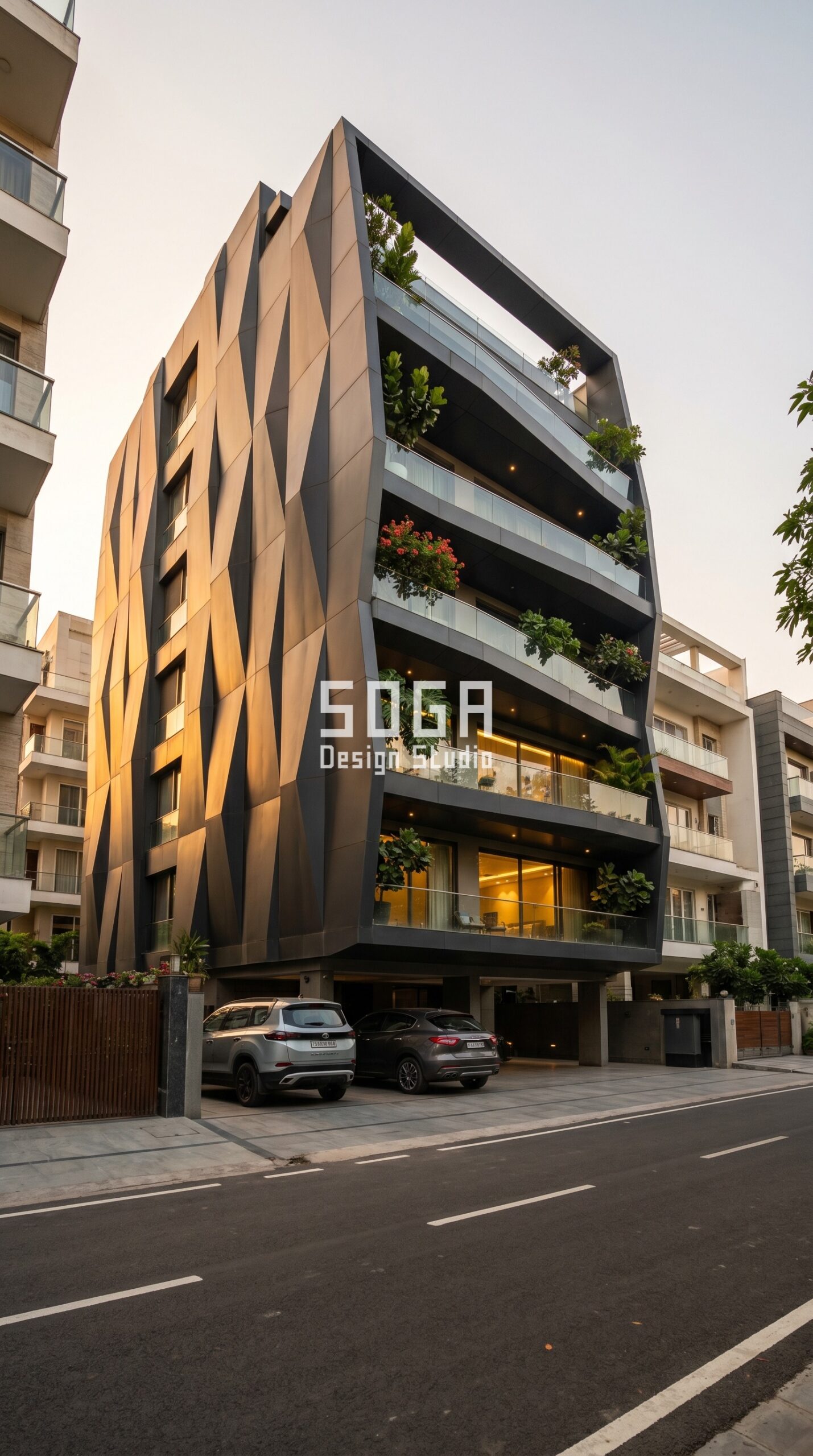 Parametric angular diamond-faceted folded metal panel facade in New Delhi by SOGA Design Studio