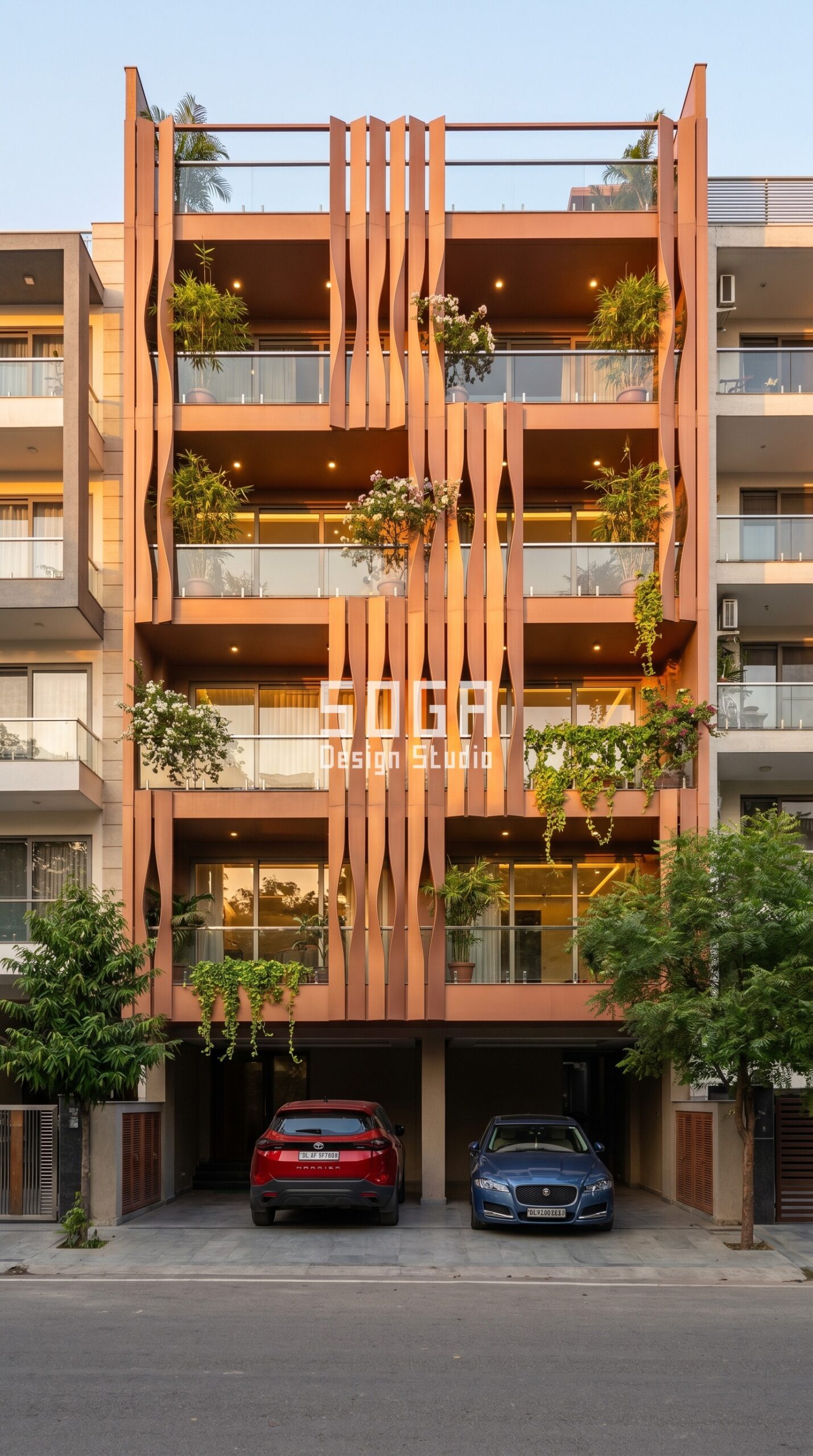 Vertical wavy-cutout terracotta metal fin facade in New Delhi by SOGA Design Studio