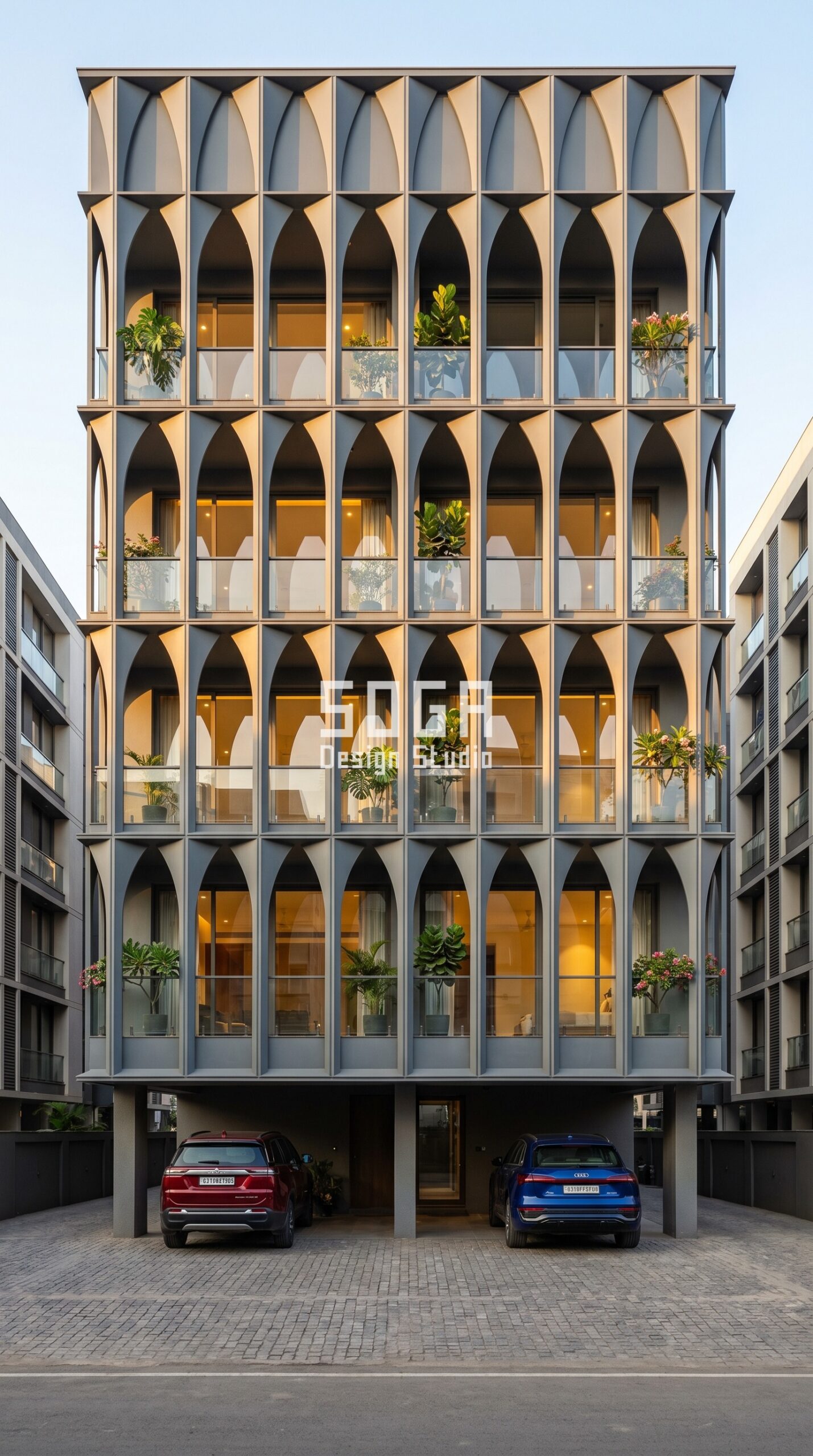 Vertical tapered arch metal grid screen facade in Surat by SOGA Design Studio