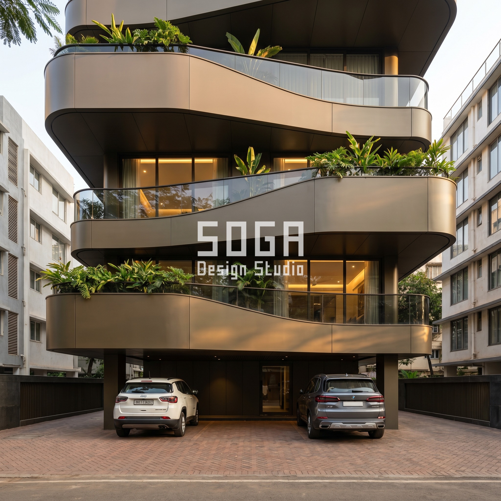 wide undulating metal canopy b parametric facade Chennai - SOGA Design Studio