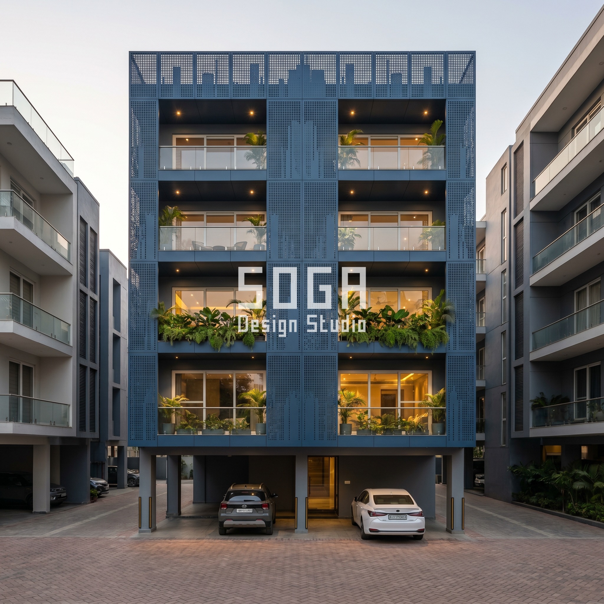 wide undulating metal canopy b parametric facade Chennai - SOGA Design Studio